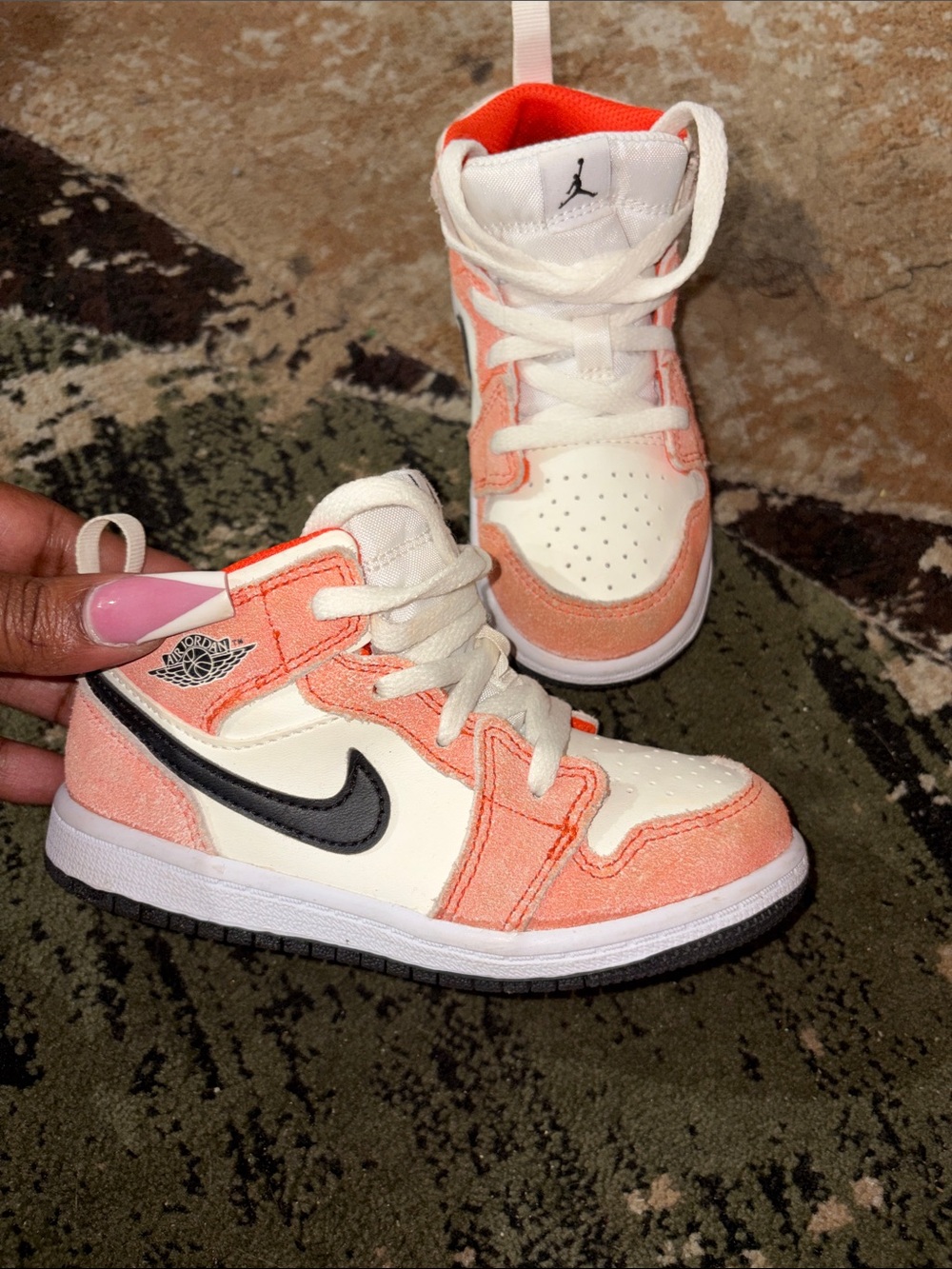Jordan Kids High-Top Sneakers in Coral and White with Black Swoosh